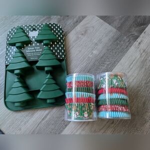 Green Xmas Tree Silicone Mold 2 Pks. and Festive Cupcake Liners,2 Packs/150 Each